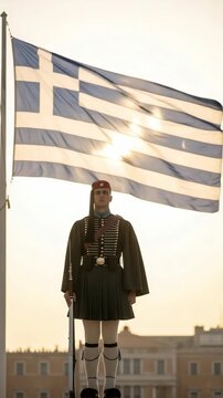 A solemn young male Evzone soldier on duty, standing guard with the national flag of Greece waving in the background.