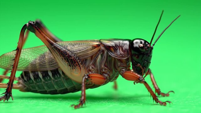 Detailed Eye Level Shot of Brown and Black Mormon Cricket Anabrus Simplex Isolated on a Green Screen Background Showing Exoskeleton Legs and Antennae Perfect for Education Content Isolated by Green