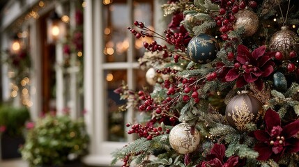 Tall decorated Christmas tree with cascading burgundy and emerald ribbons, champagne ornaments, glittering gold branches, red berries, warm fairy lights, festive indoor atmosphere, rich holiday colors