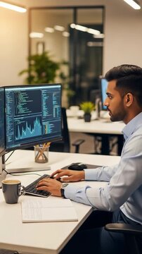 Focused Indian male programmer coding on a computer with dual monitors. Young software developer working on data analytics at his desk in a modern office.