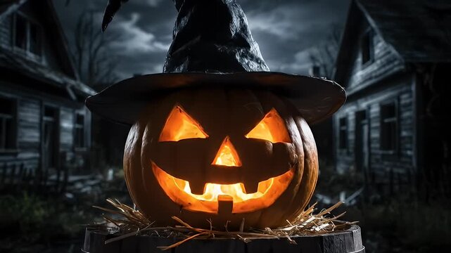 Glowing carved pumpkin with witch hat at night halloween theme