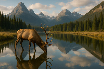 mountain landscape with lake and mountains