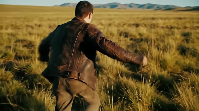 Man walks away in brown jacket in field, mountains behind, back view, daytime