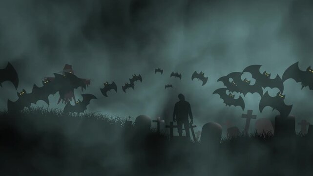 Creepy Graveyard Scene with Moving Fog, Flying Bats, and Zombie Animations.