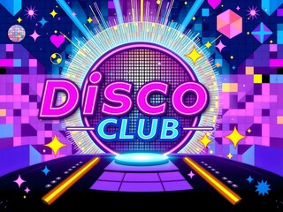 Abstract pop art pastel neon illustration of a mosaic pixel Disco Club invitation background with vibrant colors