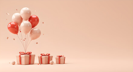 Elegant Pink and Red Balloons with Gift Boxes, Confetti, and Soft Pastel Background for Celebrations