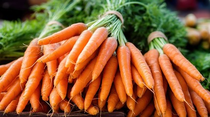 Bundle of fresh carrots with vibrant green tops on dark background, healthy organic food concept, farmers market style, natural vegetable still life