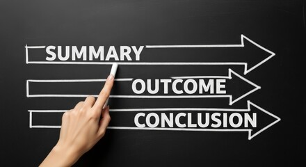 Hand holding chalk pointing to summary outcome conclusion with arrows on a black background surface board