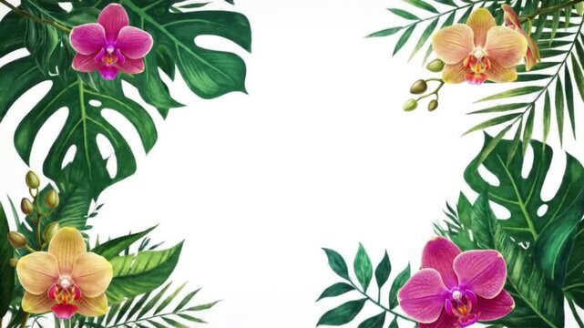 Vibrant orchids and lush tropical leaves creating a beautiful floral border on a clean white background for design and decoration