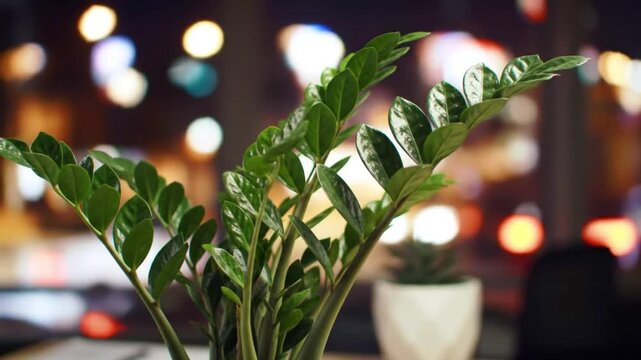 Vibrant ZZ Plant Displayed Indoors with Bokeh Background at Nighttime