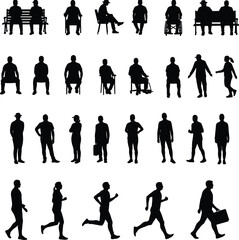 Silhouette of people walking, sitting, running, standing, wheelchair, urban lifestyle, everyday activity, diverse human figures, outdoor street casual scene
