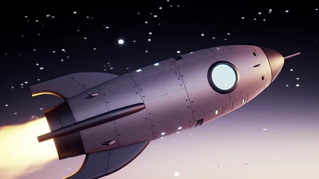 Cartoon rocket ship soars through star-filled space with fiery exhaust plume