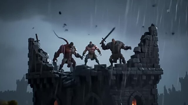 Chaotic scene of muscular figures amidst castle ruins during a stormy downpour