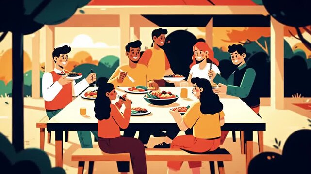 Cartoon-style image of a group of people at an outdoor table, enjoying a meal together