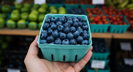 Hand holding a pint of fresh blueberries at a vibrant market stall