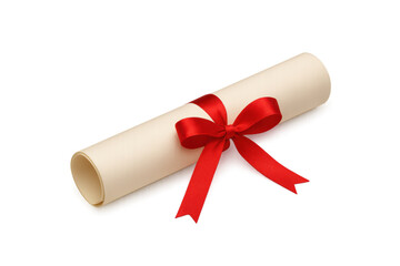 Rolled diploma tied with red ribbon on transparent background