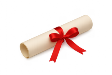 Rolled diploma tied with red ribbon on transparent background