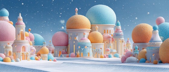 A vibrant and imaginative scene featuring colorful candy-like architectural structures in a dreamy pastel palette.