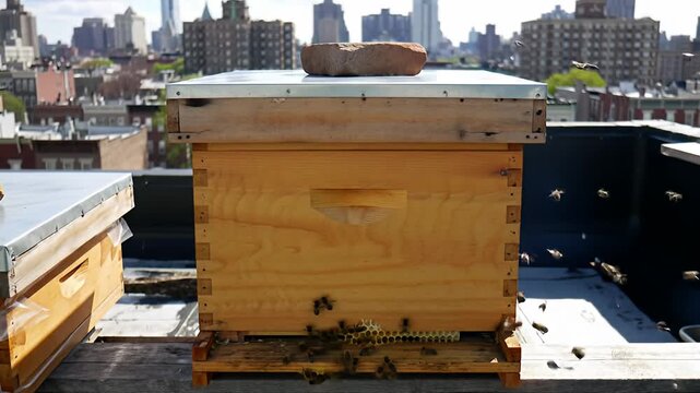 Beehive on rooftop with buildings in distance, buzzing with active bees on sunny day