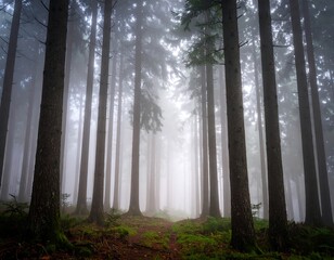 Misty forest path through tall trees