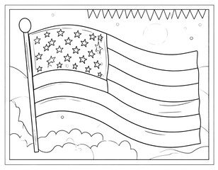 Black and white coloring page of an American flag (1)