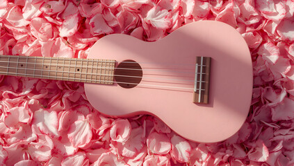 A pink ukulele rests on a bed of delicate, scattered pink flower petals, creating a soft, romantic scene.