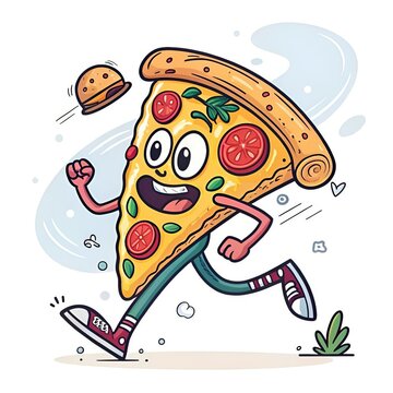 Funny Cartoon Pizza Slice Character Running with Burger Illustration.