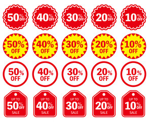 Discount Sale Labels Vector Set – 10% to 50% OFF Icons