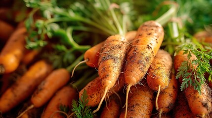 Detailed macro shot of piled fresh carrots with fibrous roots and green feathery leaves, soil texture contrast, vibrant color composition, harvest abundance concept