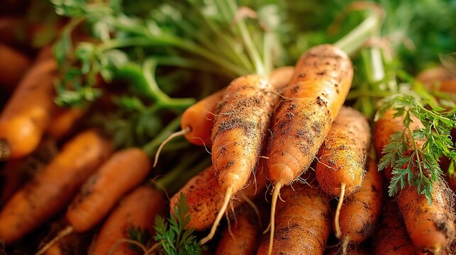 Detailed macro shot of piled fresh carrots with fibrous roots and green feathery leaves, soil texture contrast, vibrant color composition, harvest abundance concept
