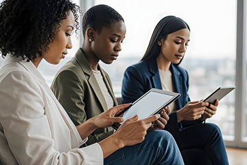 Three diverse businesswomen are sitting near a window using their tablets to collaborate on a project in a bright and modern office environment today looking .