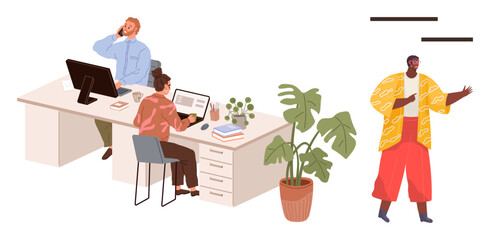 Two coworkers working at desks with computers and plants, one person presenting ideas. Ideal for teamwork, collaboration, office culture, productivity, communication, creativity, simple flat metaphor