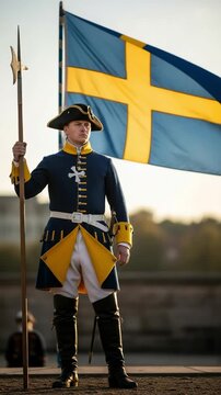 A proud Swedish soldier in a historical uniform holding a halberd in front of the national flag.