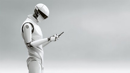 Naklejka premium Exploring the future of communication robot interaction with mobile devices futuristic setting digital art minimalist environment close-up view technology concept