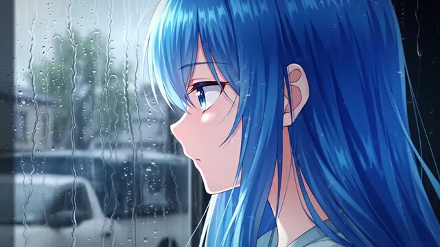 Animated woman with blue hair gazes out a rain-streaked window, lost in thought