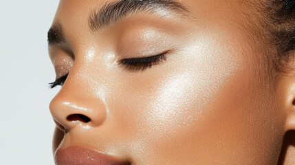 Fototapeta premium Radiant skin with highlighter accentuating cheekbone, showcasing natural glow and beauty