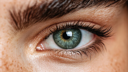 Fototapeta premium Close up of eye showcasing intense focus and vibrant colors, highlighting details and textures