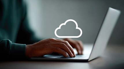 Typing on laptop home office digital cloud storage concept modern environment close-up view technology and productivity focus