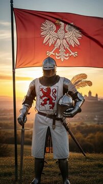 A medieval Polish knight in full plate armor holding a sword and helmet, standing with the flag of Poland on a hill at sunset.