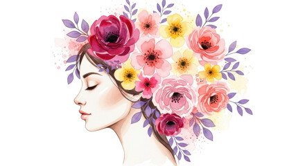 Naklejka premium Watercolor woman portrait with floral hair isolated on transparent background, a dreamy and romantic illustration for beauty and fashion