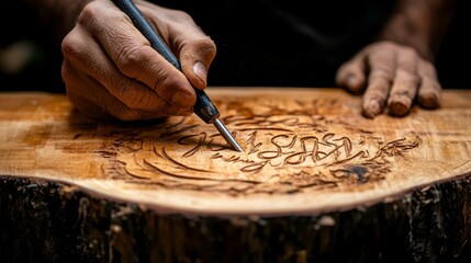 Obraz premium Intricate Hand Wood Carving Process on Natural Surface