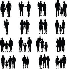 Silhouette family collection of parents and children, father mother walking holding kids, black shadow illustration design, family unity together concept