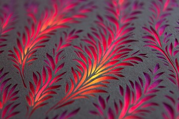 Intricate, laser-cut paper design.  Fiery, patterned, dark background