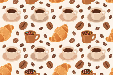 Obraz premium Seamless pattern of coffee cups, beans, croissants, and donuts.