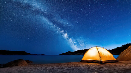 Serene camping site under starry sky with glowing tent by water