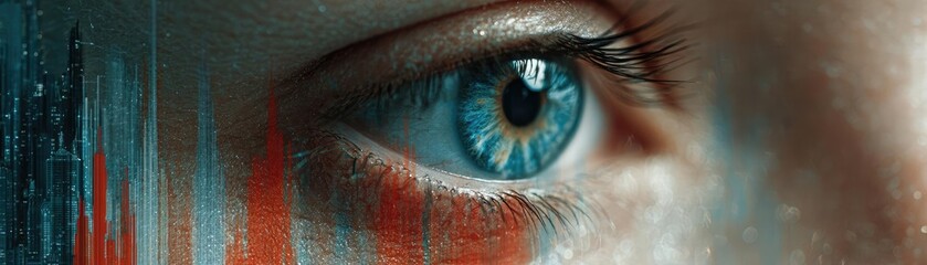 Goosebumps from live music experience concept. Close-up of a human eye with artistic paint design and vivid colors.