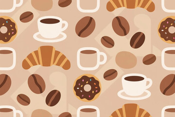 Seamless pattern of coffee cups, beans, croissants, and donuts.