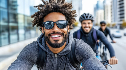 Smiling friends cycling together in city, enjoying sunny day and sharing laughter