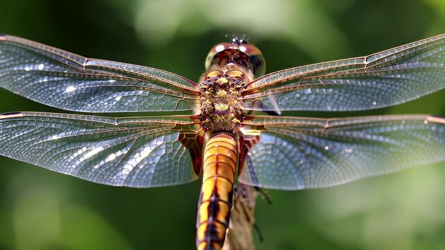 Close-up of a dragonfly with outstretched wings against a blurred green background
