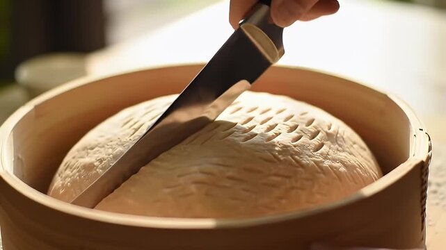 Knife cutting into a marked, rounded, light-colored food product in a wooden container